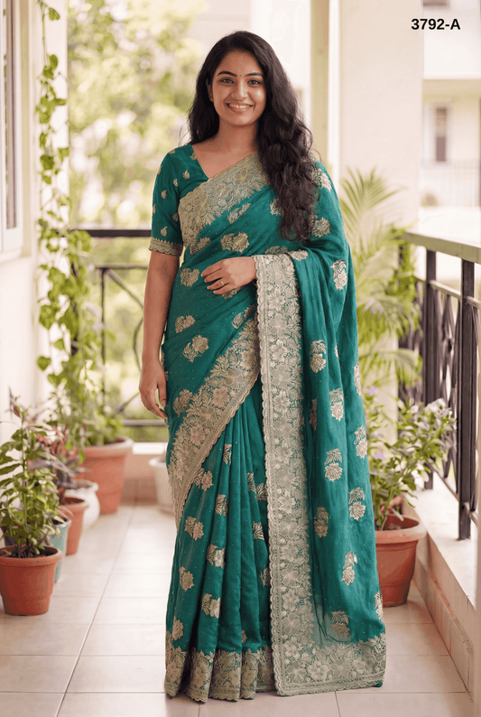 Premium Teal Vichitra Silk Saree with Embroidery & Stone Work – Party & Festive Wear