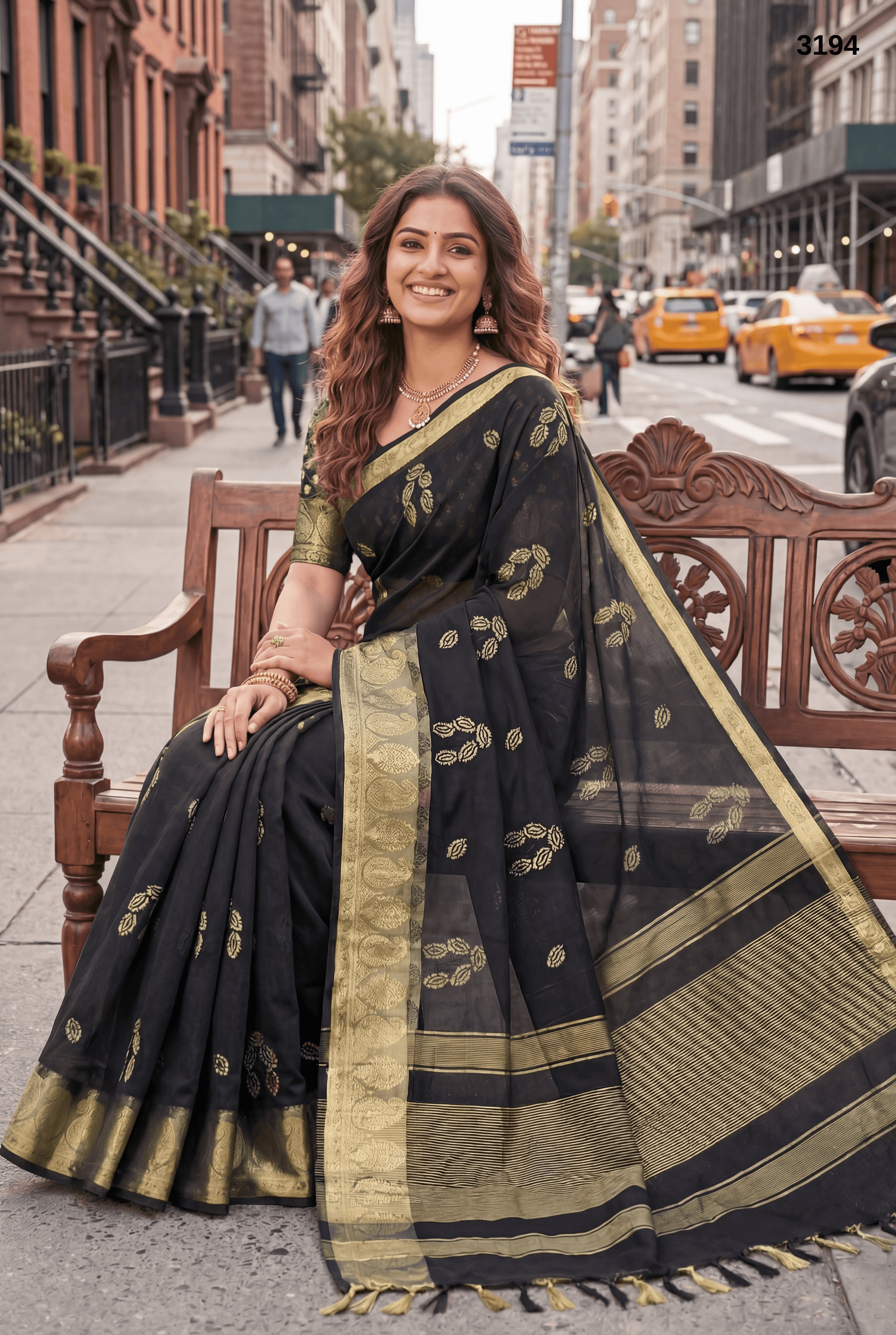 Premium Soft Organza Black Saree with Sequin Work & Zari Weaving Border and Pallu