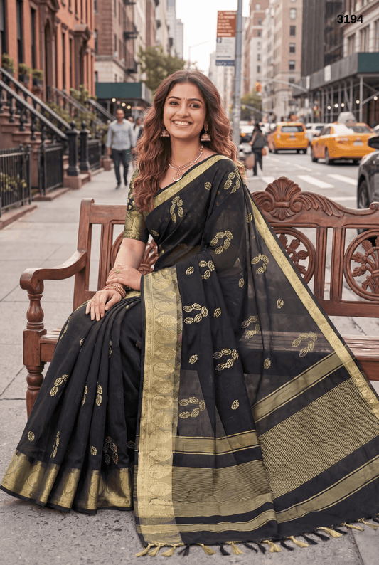 Premium Soft Organza Black Saree with Sequin Work & Zari Weaving Border and Pallu