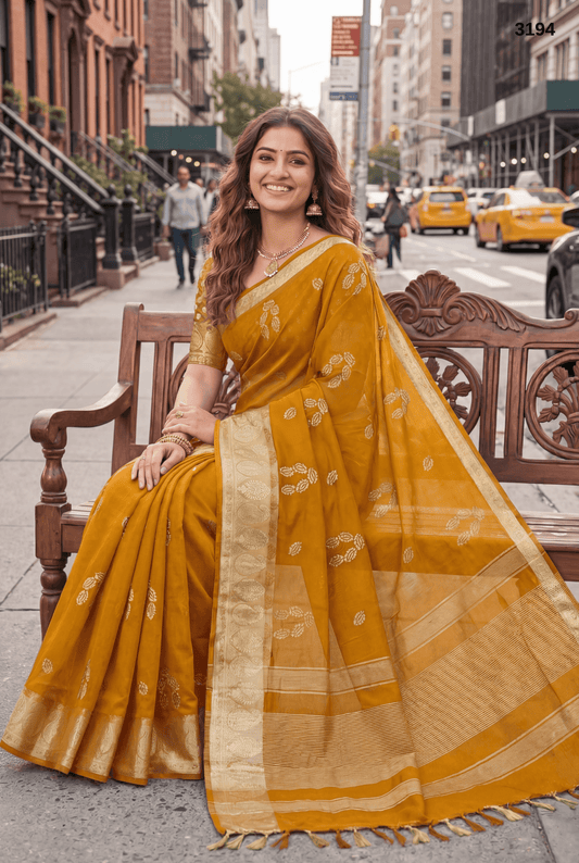 Premium Orange Soft Organza Saree with Sequin Work & Zari Weaving Border and Pallu