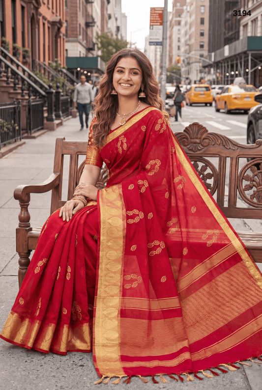 Premium Soft Organza Red Saree with Sequin Work & Rich Zari Weaving Border – Festive & Party Wear