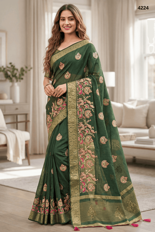 Pure Cotton Green Saree with Traditional Woven Motifs & Rich Pallu – Elegant Daily & Festive Wear
