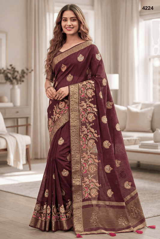 Pure Cotton Wine Saree with Traditional Woven Motifs & Rich Border – Elegant Daily & Festive Wear