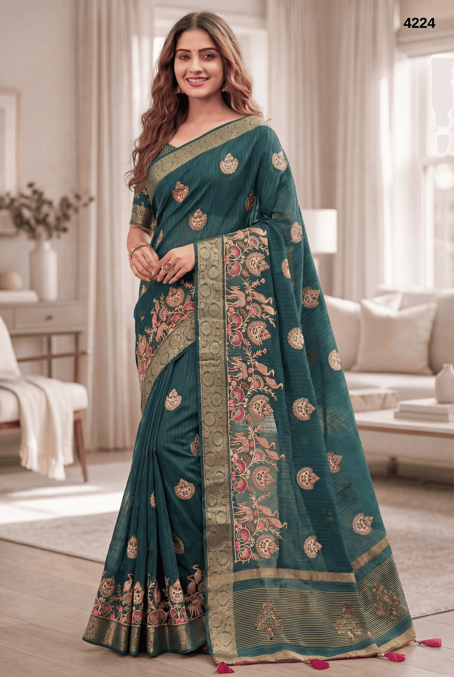 Teal Green Premium Silk Saree with Traditional Motif Weaving & Ornate Border