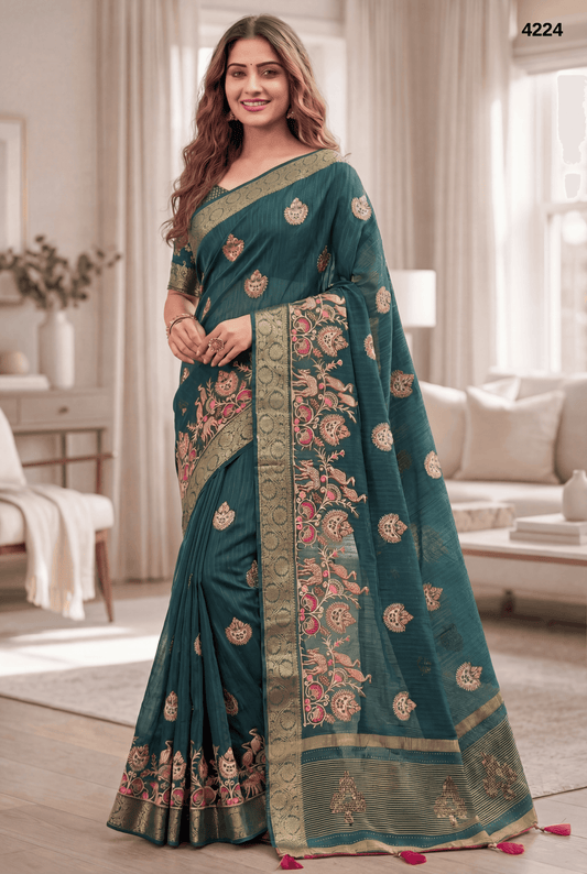 Teal Green Premium Silk Saree with Traditional Motif Weaving & Ornate Border
