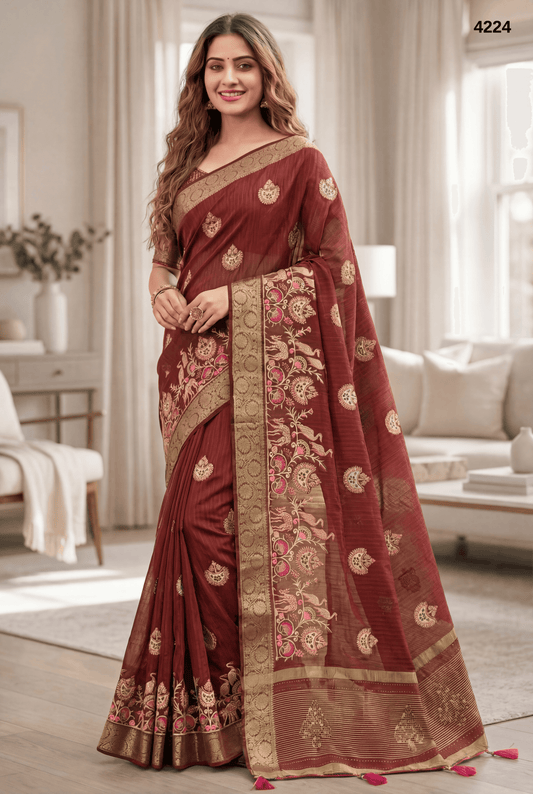 Premium Wine Maroon Silk Saree with Antique Zari & Traditional Motif Weaving – Elegant Festive Wear