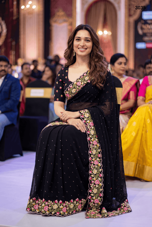 Black Georgette Bollywood Saree with Multicolour Thread & Stone Work