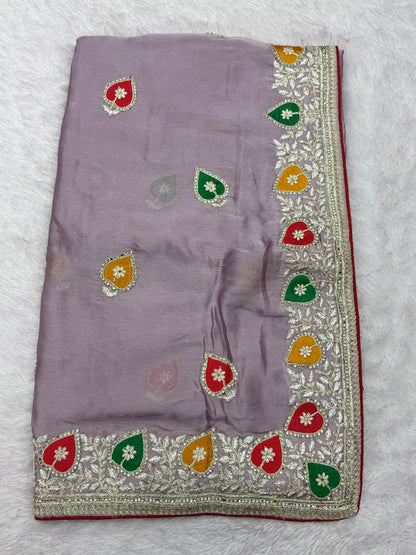 Elegant Lavender Chiffon Saree with Multicolor Embroidered Border