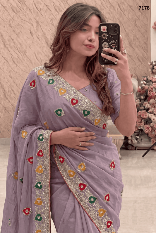 Elegant Lavender Chiffon Saree with Multicolor Embroidered Border