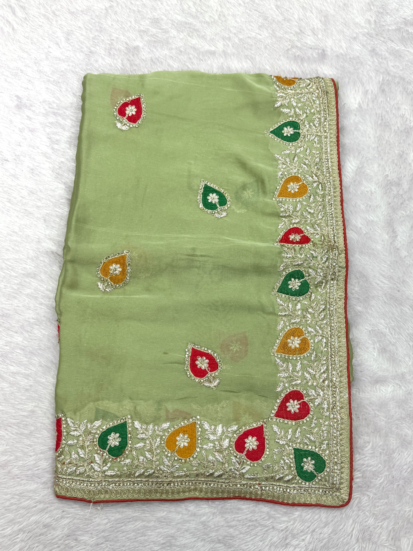 Elegant Green Chiffon Saree with Colorful Embroidery Border