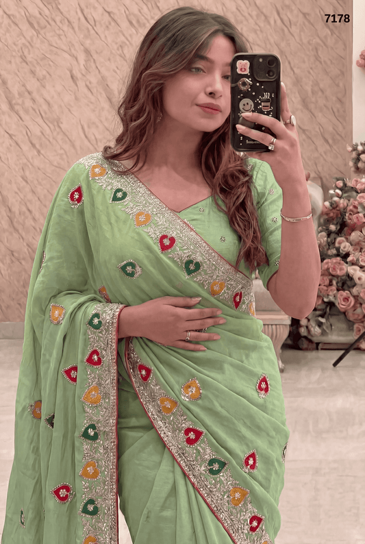 Elegant Green Chiffon Saree with Colorful Embroidery Border