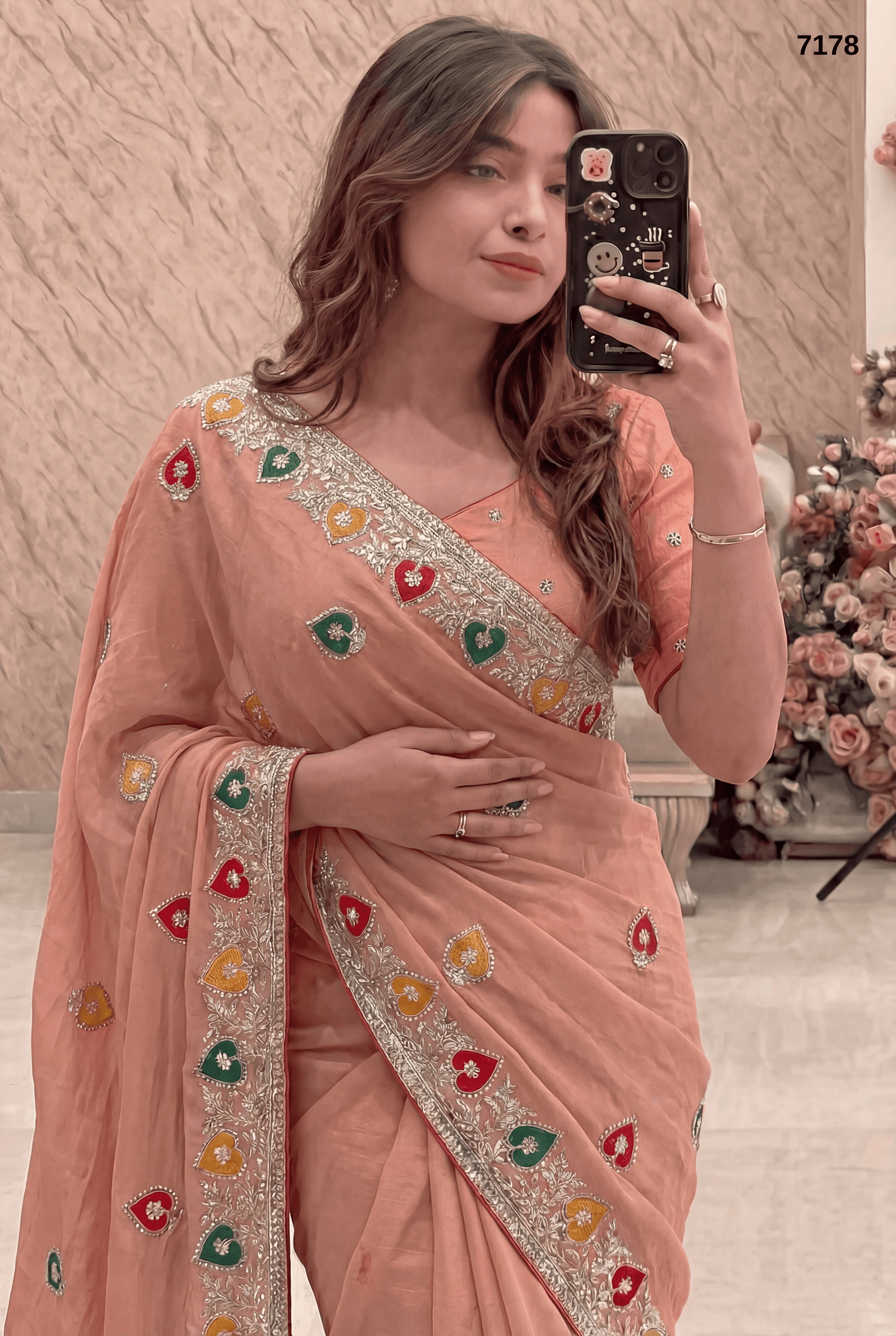 Peach Chiffon Saree with Multicolor Embroidery Border