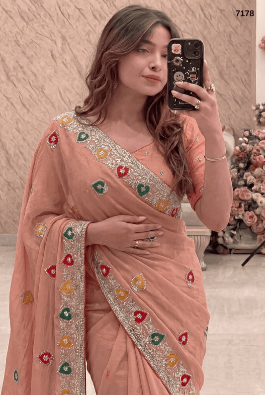 Peach Chiffon Saree with Multicolor Embroidery Border