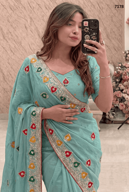 Elegant Sea Green Chiffon Saree with Multicolor Embroidered Border