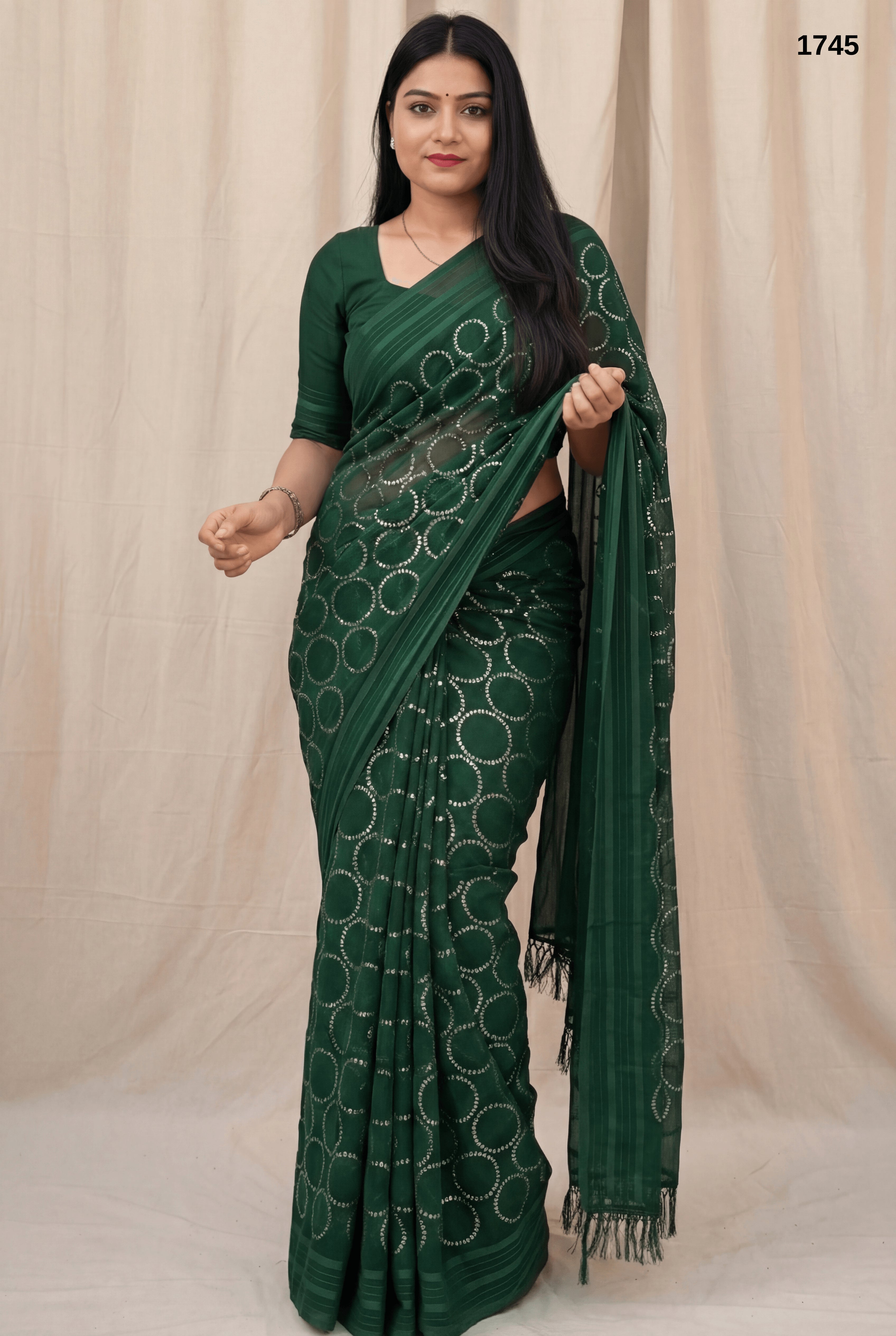 Bottle Green Georgette Saree with Elegant Sequin Work – Party & Festive Wear