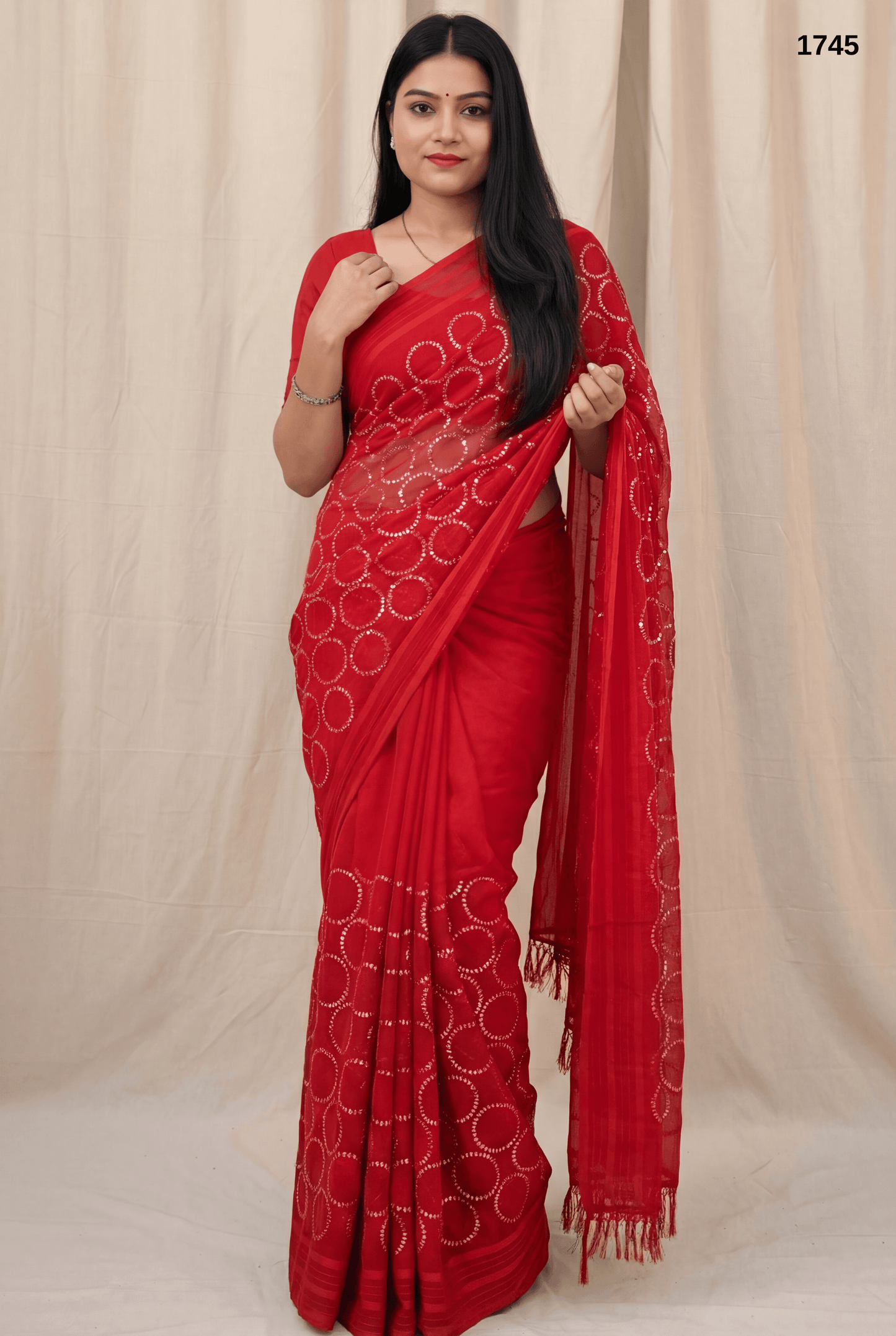 Elegant Red Georgette Saree with Circular Sequin Work – Party & Festive Wear