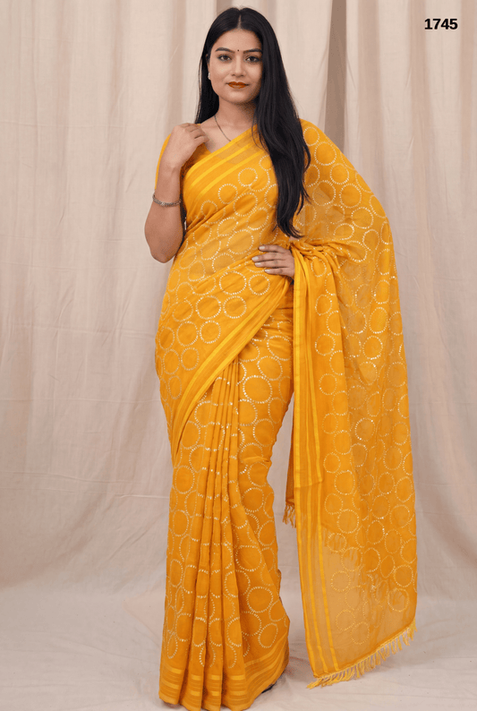 Mustard Yellow Georgette Saree with Elegant Sequin Work – Party & Festive Wear