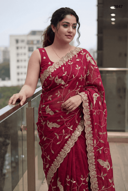 Royal Pink Embroidered Designer Saree