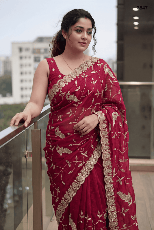 Royal Pink Embroidered Designer Saree