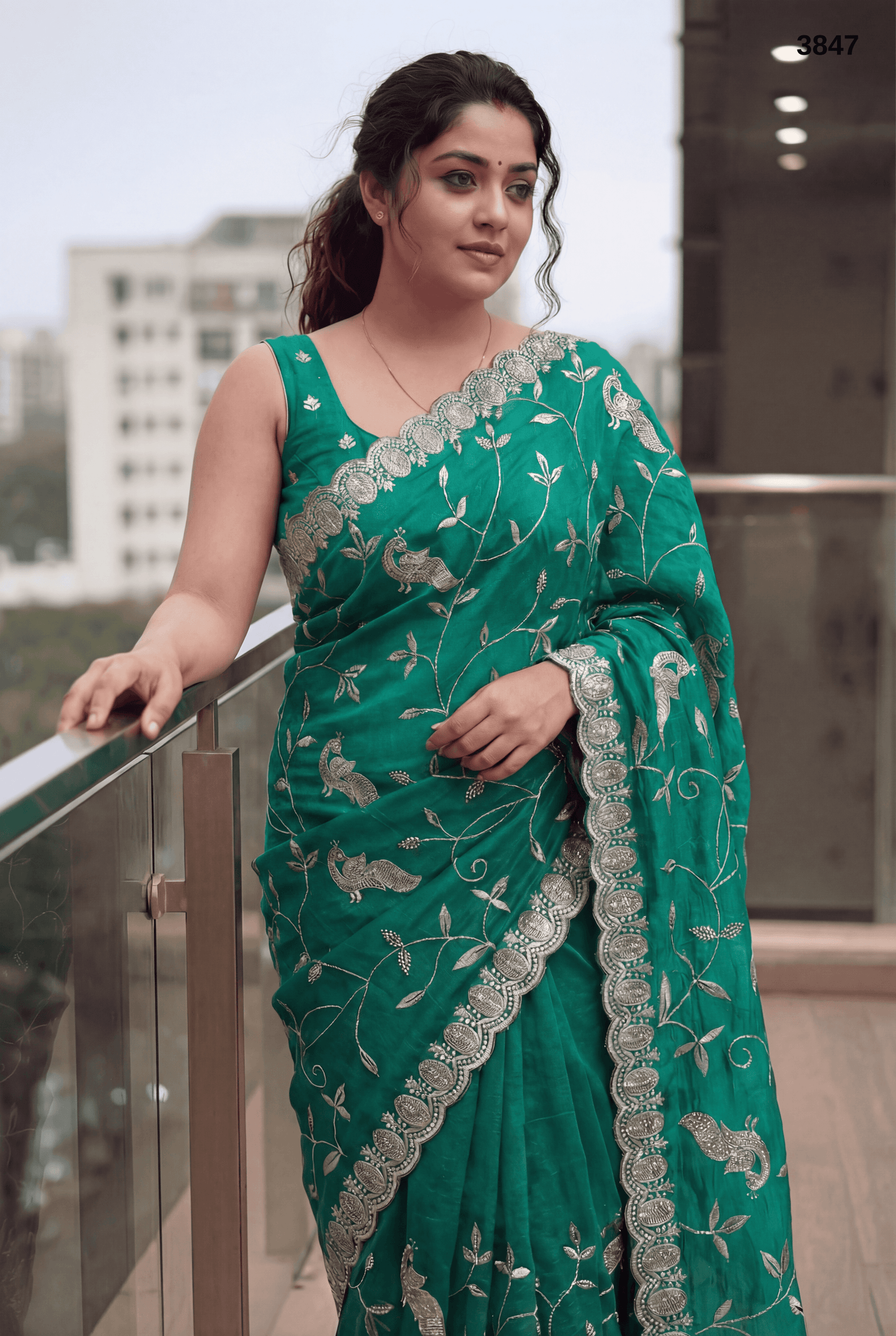 Elegant Emerald Green Embroidered Designer Saree