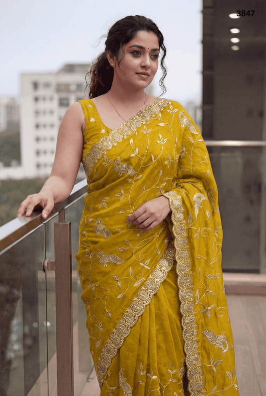 Premium Mustard Yellow Embroidered Designer Saree