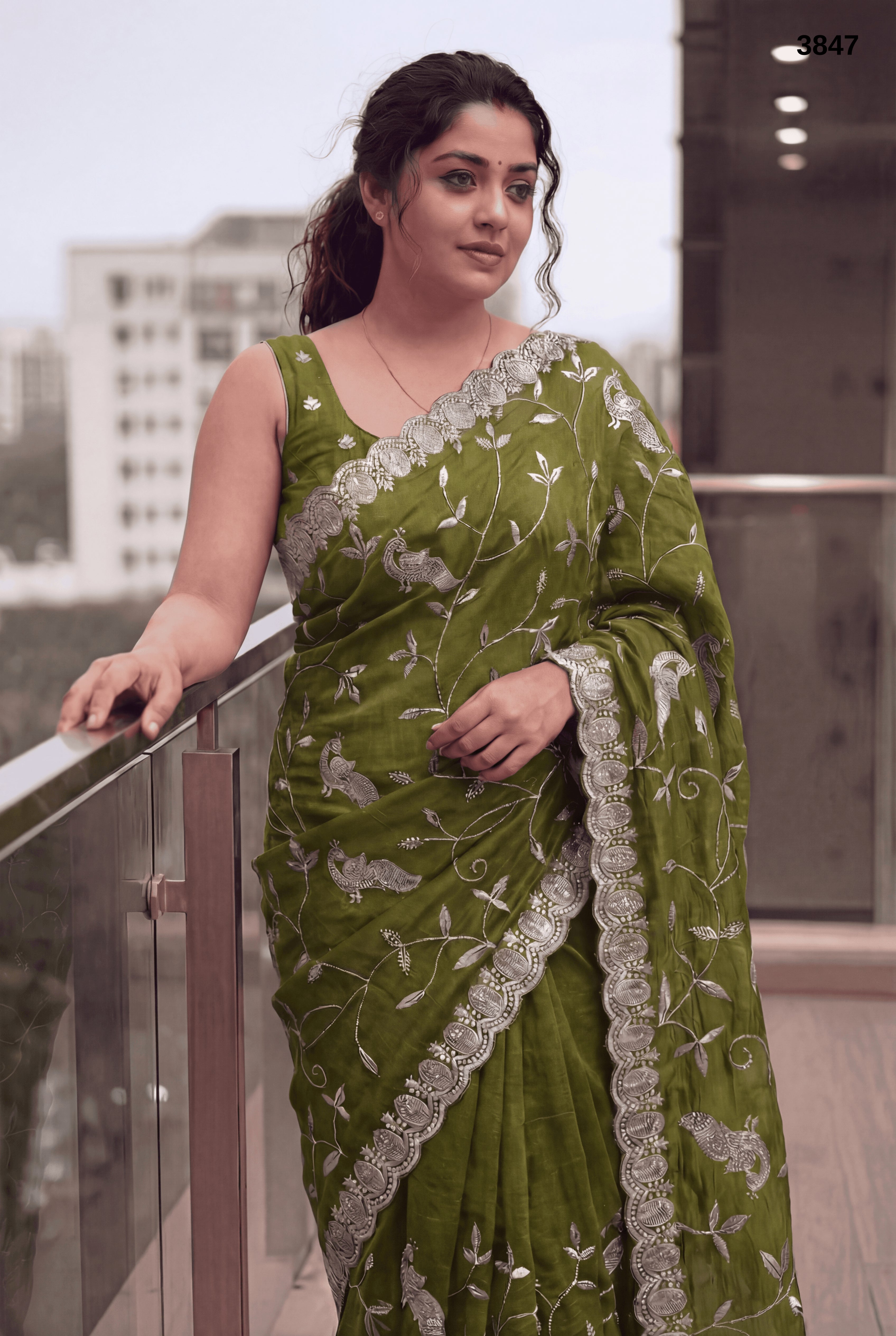 Premium Olive Green Embroidered Designer Saree