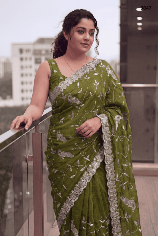 Premium Olive Green Embroidered Designer Saree