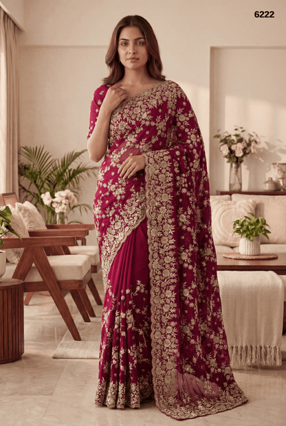 Rani Pink Designer Embroidered Saree – Premium Wedding Collection