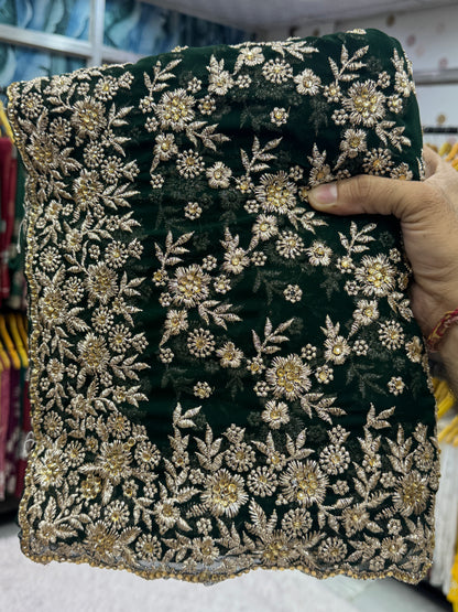 Premium Bottle Green Designer Saree with Heavy Zari Embroidery Work