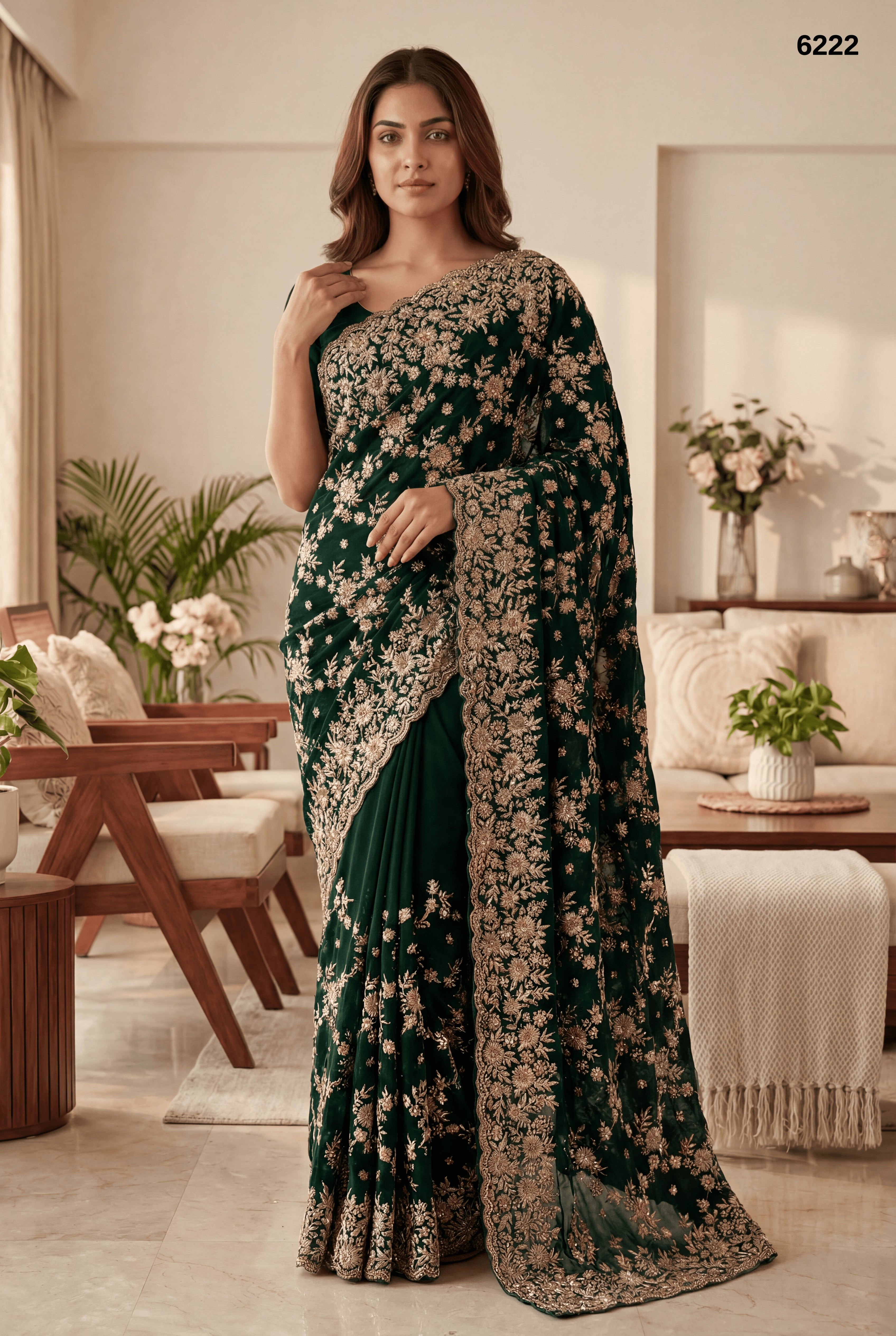Premium Bottle Green Designer Saree with Heavy Zari Embroidery Work