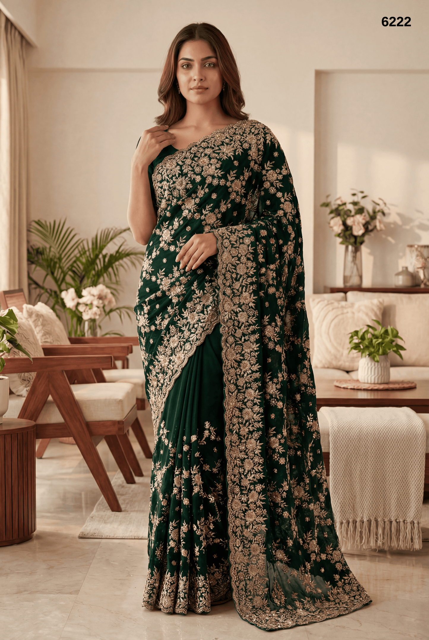 Premium Bottle Green Designer Saree with Heavy Zari Embroidery Work