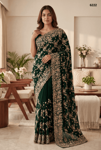 Premium Bottle Green Designer Saree with Heavy Zari Embroidery Work