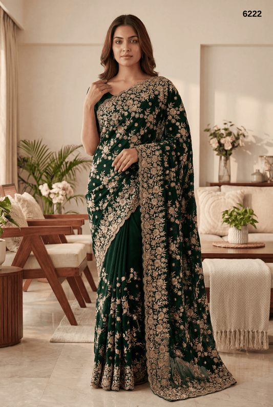 Premium Bottle Green Designer Saree with Heavy Zari Embroidery Work