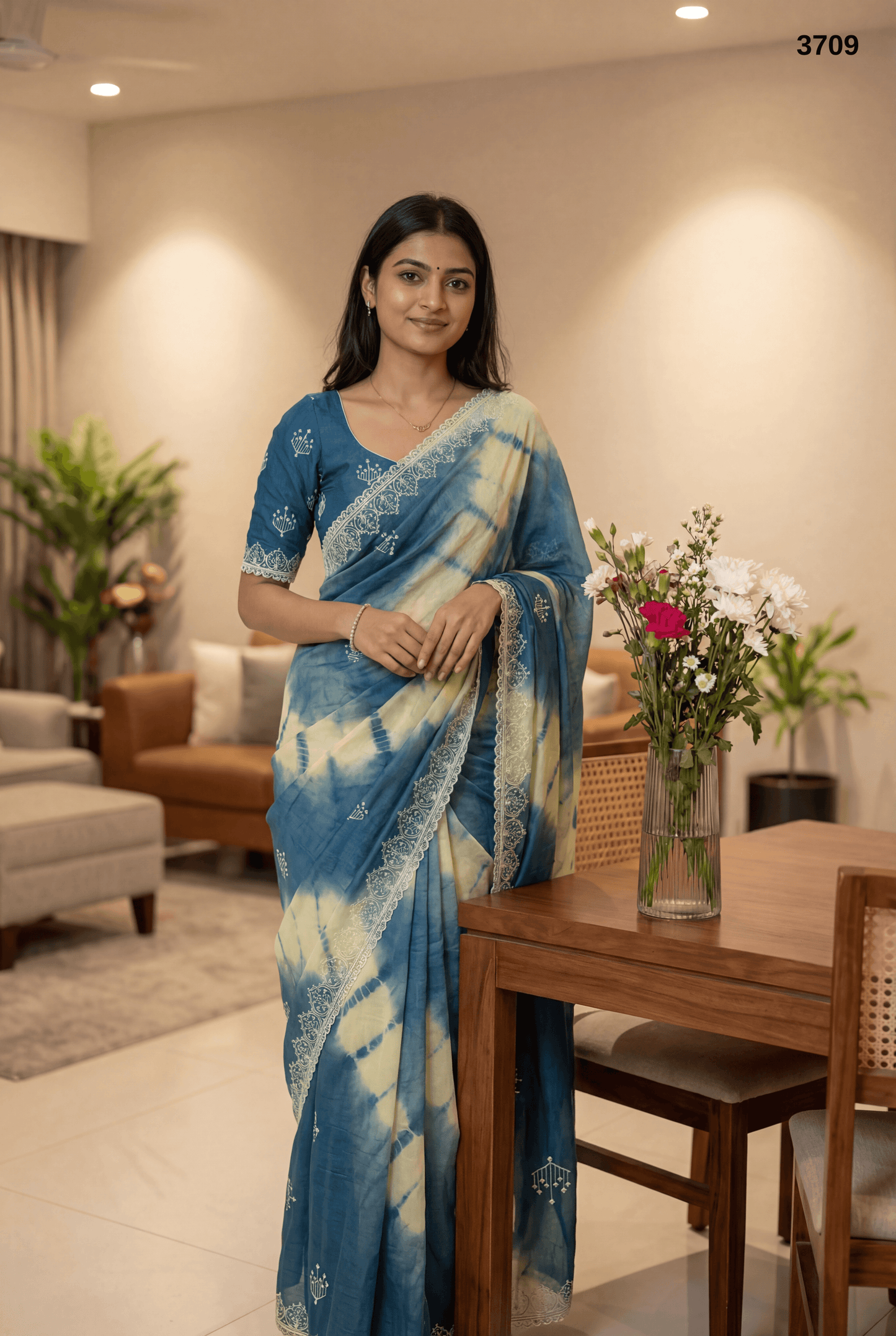 Premium Teal Blue Tie-Dye Saree with Embroidered Lace Border