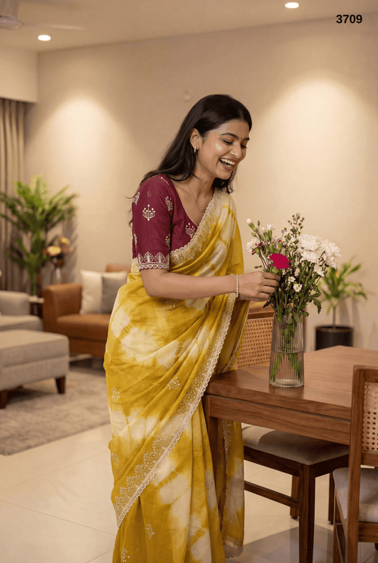 Premium Mustard Yellow Tie-Dye Saree with Embroidered Border