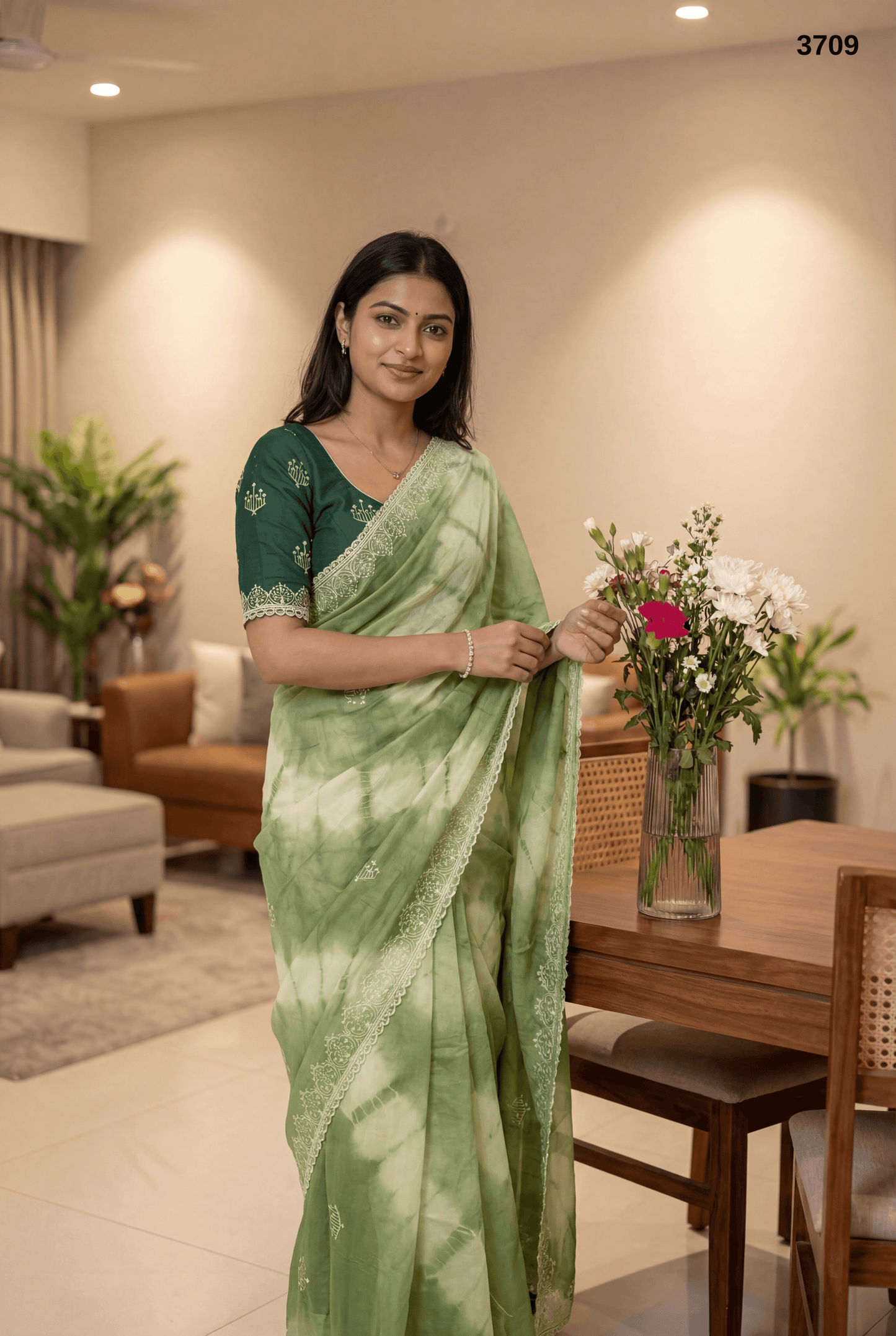 Premium Pista Green Tie-Dye Saree with Embroidered Border