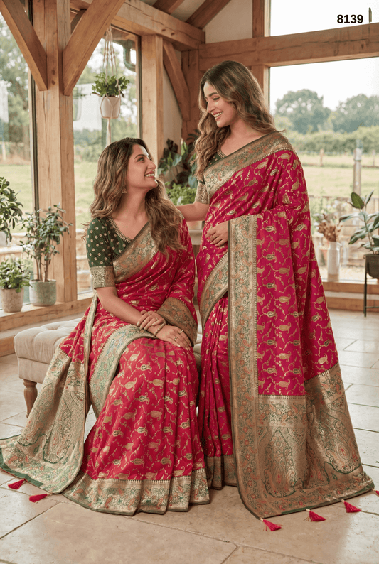 Soft Banarasi Silk Saree with Antique Zari Weaving – Rani Pink & Green Traditional Saree