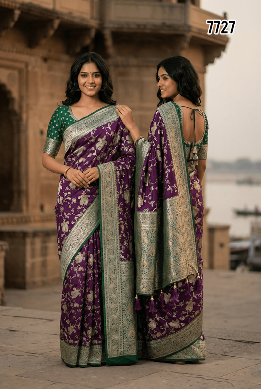 Premium Purple Banarasi Silk Saree with Antique Zari Floral Weaving