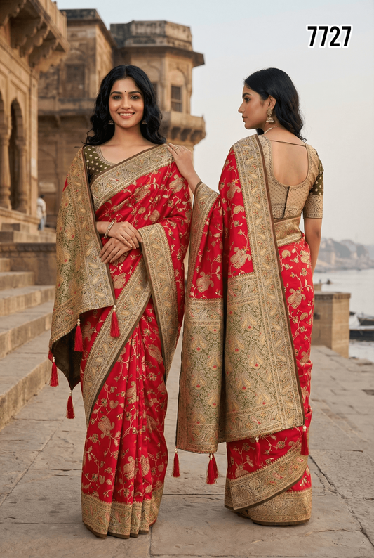 Premium Red Banarasi Silk Saree with Rich Gold Zari Weaving