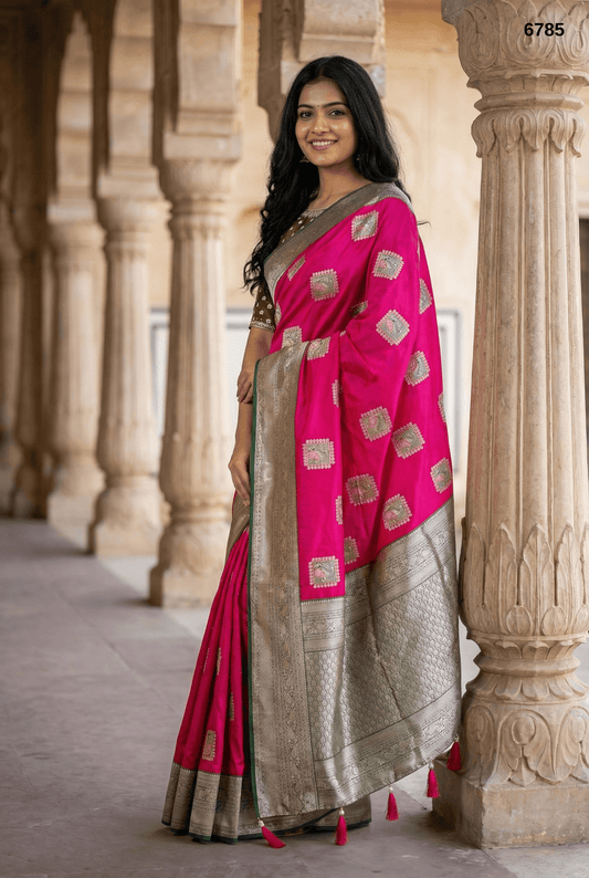 Premium Pink Silk Saree with Antique Zari Border & Woven Motifs