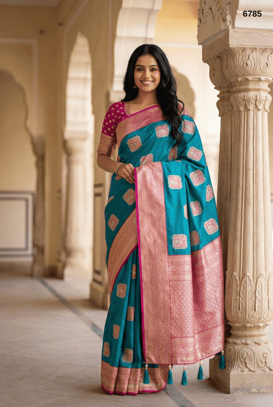 Teal Blue Pure Silk Saree with Traditional Gold Zari Motifs & Contrast Pink Border