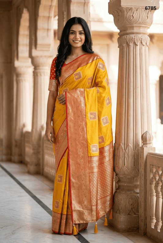 Mustard Yellow Pure Silk Saree with Rich Copper Zari Border
