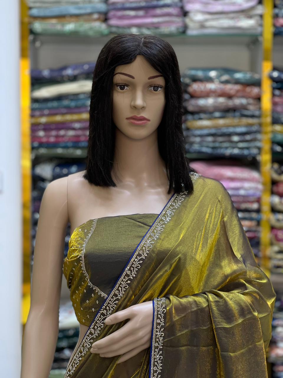Mustard Satin Silk Saree with Elegant Stone Work