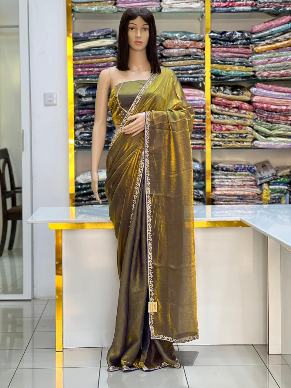 Mustard Satin Silk Saree with Elegant Stone Work