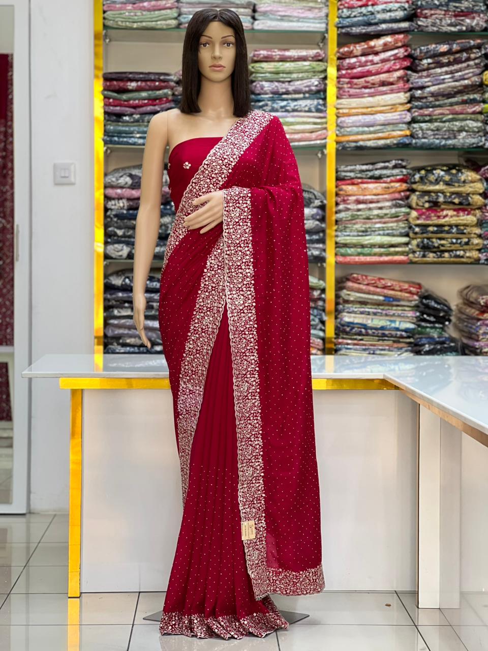 Regal Emerald Green Vichitra Sik Saree with Heavy Silver Embroidery Work Border