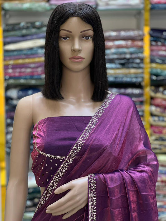 Premium Satin Silk Saree with Elegant Stone Work – Wine Purple