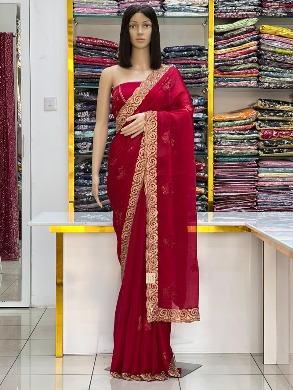 Fandy Satin Luxurious Embroidered Saree Collection with Gold Border