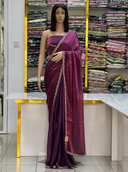 Premium Satin Silk Saree with Elegant Stone Work – Wine Purple