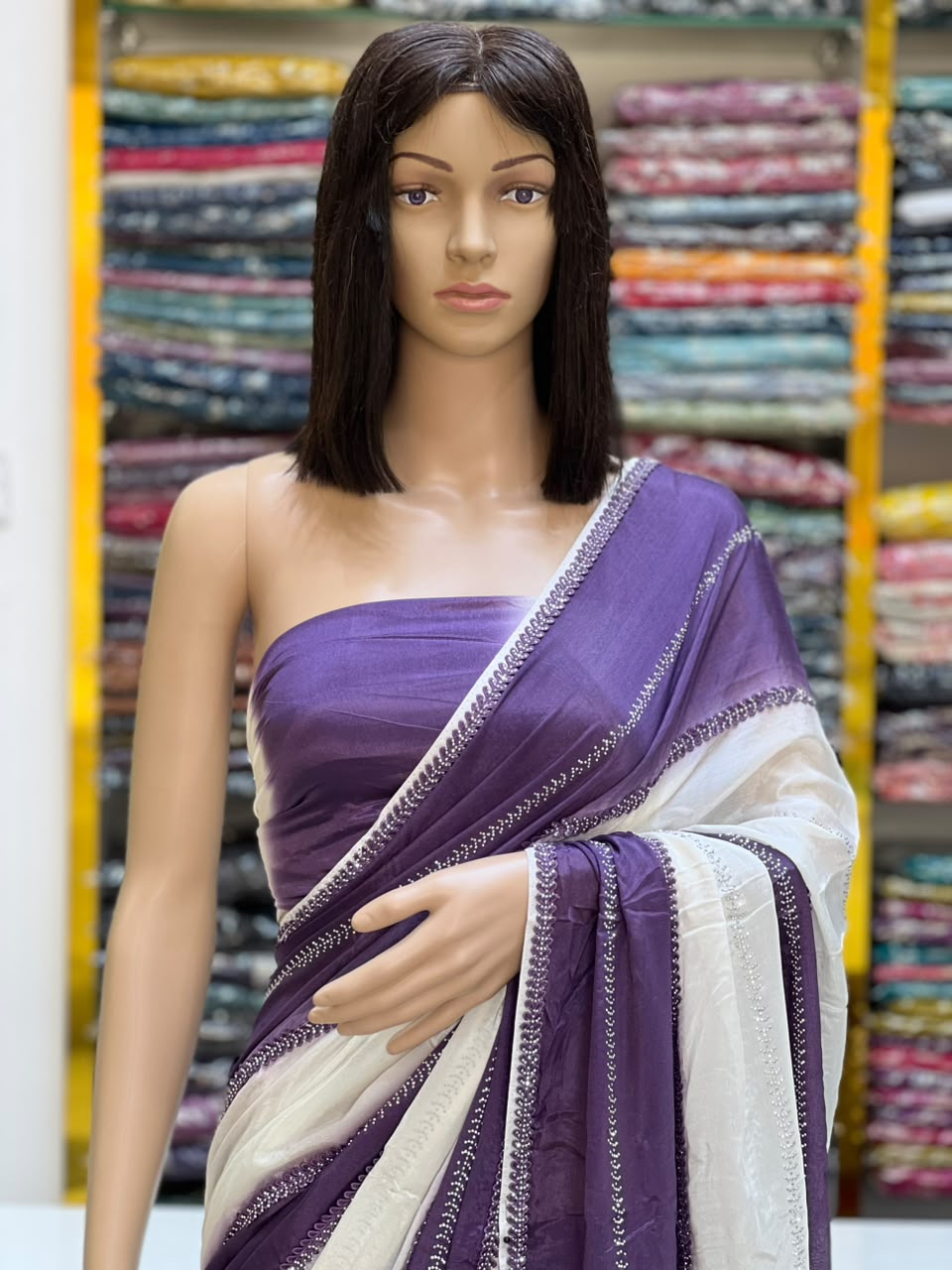 Premium Purple & White Designer Saree with Elegant Embellished Border
