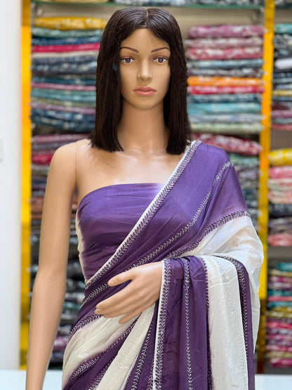 Premium Purple & White Designer Saree with Elegant Embellished Border
